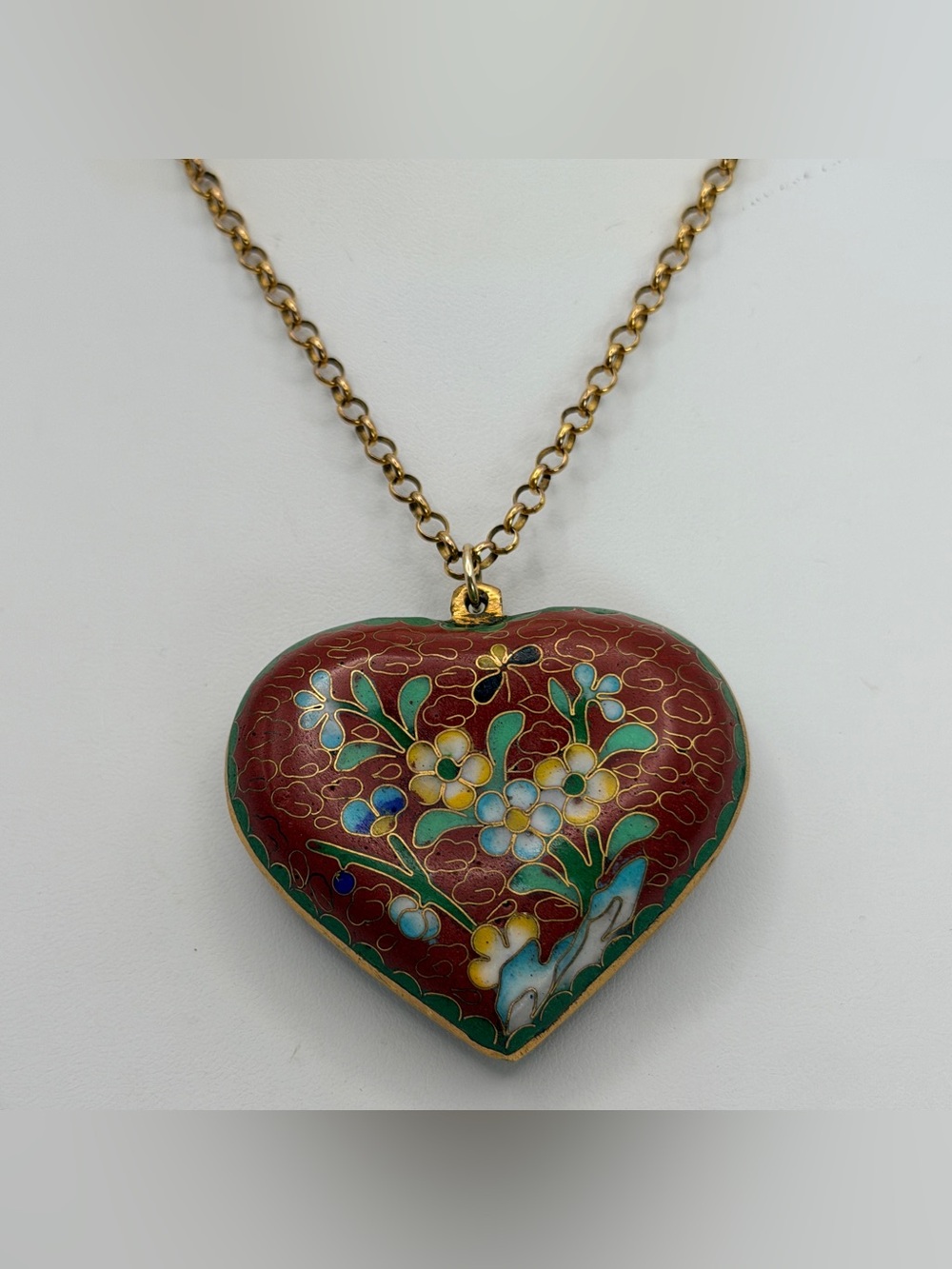 VTG Double Sided Red Cloisonné Heart Pendant Necklace Gold Filled Chain Gorgeous